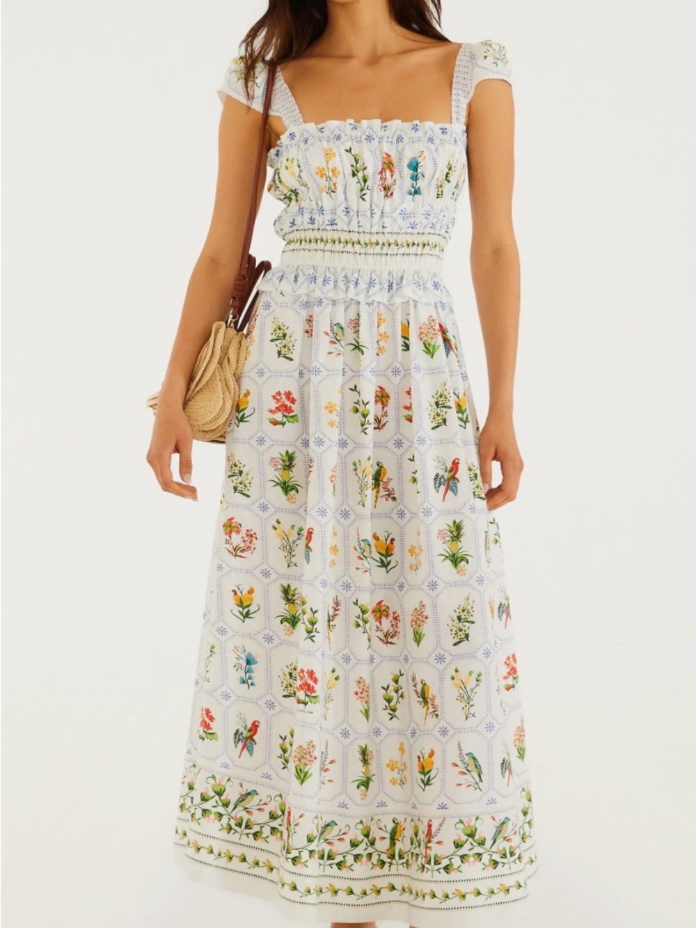 Farm Rio Tropical Porcelain Birds Floral Print Cotton Maxi dress size L